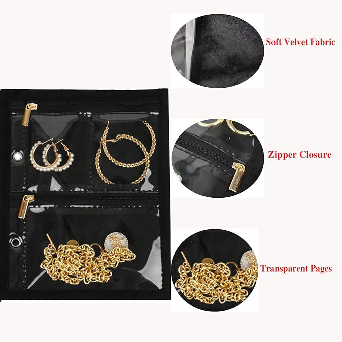 GSXRB Travel Jewelry Organizer Case with Clear Zipper Pouches,3pcs Velvet Jewelry Storage Book Binder, Multi-Layer Inner Pages for Earrings/Rings/Necklace/Bracelet, Compact & Waterproof(Black lining) - Image 5