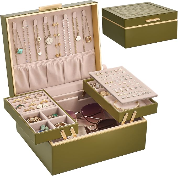 Lolalet Jewelry Box Organizer for Women Girls, 2 Layer Jewelry Organizers and Storage for Necklace Earrings Rings Bracelets, Large Jewellery Holder Case Birthday Mothers Day Gifts -Olive Green by Lolalet