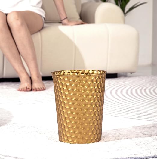 Venalys Small Metal Trash Can Wastebasket, Decorative Honeycomb Garbage Can Waste Basket, Modern Farmhouse Round Trash Bin for Bathroom, Bedroom, Kitchen and Office (Gold) - Image 3
