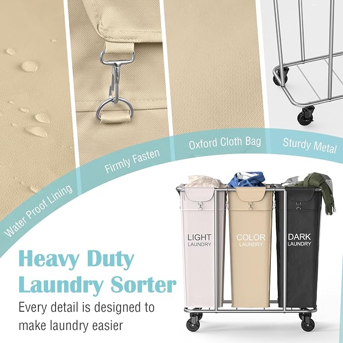 PLKOW Laundry Sorter 3 Section, 220L Large Laundry Cart with Wheels 3 Hamper Laundry Sorter with Steel Frame and Removable Bag, Rolling Laundry Cart for Home, Laundry Room, Hotel, 6 Bushel - Image 5