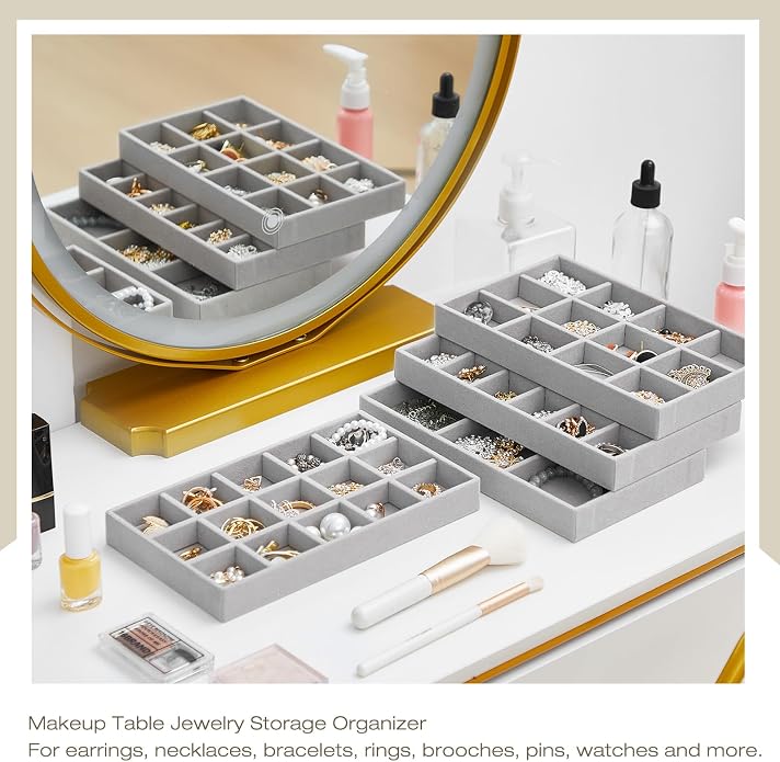 Junkin 12 Pcs Jewelry Tray Velvet Stackable Jewelry Organizer Trays Divided Earring Accessories Storage Containers Box (Rose Red) - Image 4