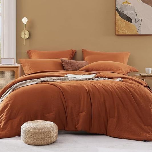 WRENSONGE California King Size Comforter Sets, 7 Pieces Soft Burnt Orange Fall Bed in a Bag with Fitted Sheet, Flat Sheet, 2 Pillow Shams, 2 Pillowcases, Warm Bedding Sets for All Seasons