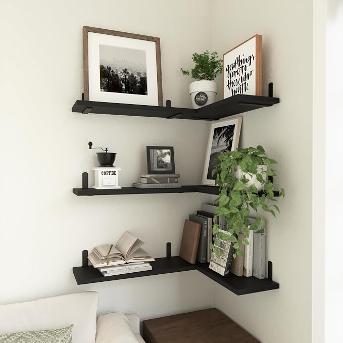 WOPITUES Wood Floating Shelves Set of 6, Shelves for Wall Decor, Farmhouse Shelf for Bedroom, Bathroom Storage Shelves, Book Shelves for Living Room-Black - Image 5