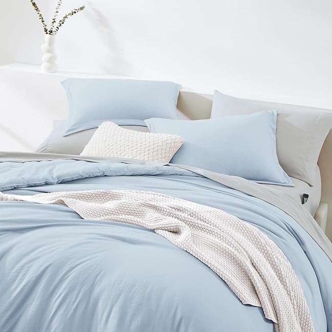 WRENSONGE Queen Comforter Set - 7 Pieces Ice Blue Soft Bed in a Bag Queen with Fitted Sheet, Flat Sheet, 2 Pillow Shams, and 2 Pillowcases- Warm Bedding Sets for All Season
