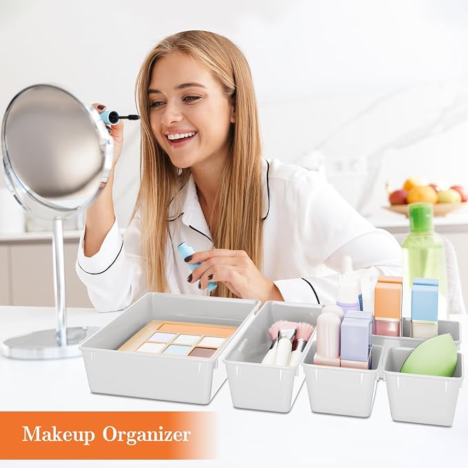 SpaceHacks 25 PCS Plastic Drawer Organizer Set, 4-Size Versatile Organizer Trays & Storage Bins for Makeup, Jewelry, and Gadgets in Bathroom, Bedroom and Office, White - Image 5