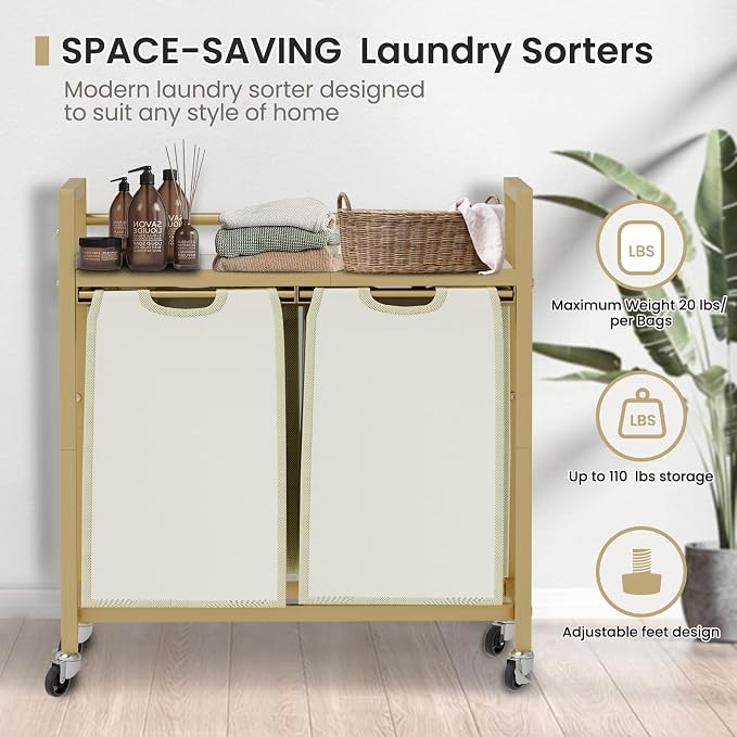 SwaaVee Laundry Hamper, Laundry Basket, Laundry Sorter with 3 Removable Bags, Clothes Basket with 3 Compartments, Wheels, Shelf for Laundry Room Bathroom Bedroom (2 Bags-Golden) - Image 6