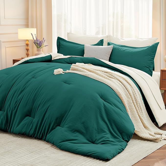 MUXHOMO 7 Pieces Queen Comforter Set, Soft Bed in a Bag Queen Size, All Season Bedding Set with Comforter, Flat Sheet, Fitted Sheet, Pillowcases & Shams, Peacock Blue & Ivory