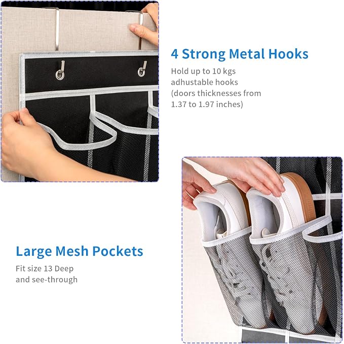 SAVERHO 35 Pockets Over the Door Shoe Organizer, Hanging Shoe Organizer for Door with 35 Mesh Pockets Large Capacity Shoe Hanging Storage Bag with 4 Metal Hooks (Black-1Pack) - Image 6