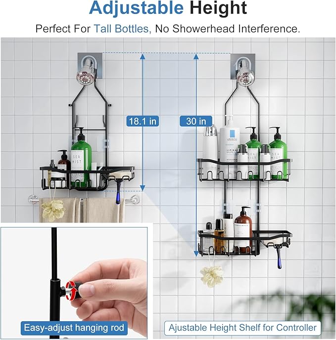 Upgraded Extended Length Shower Organizer with Hooks, Rustproof Shampoo Soap Holder, Large Hanging Bathroom Caddy - Image 2