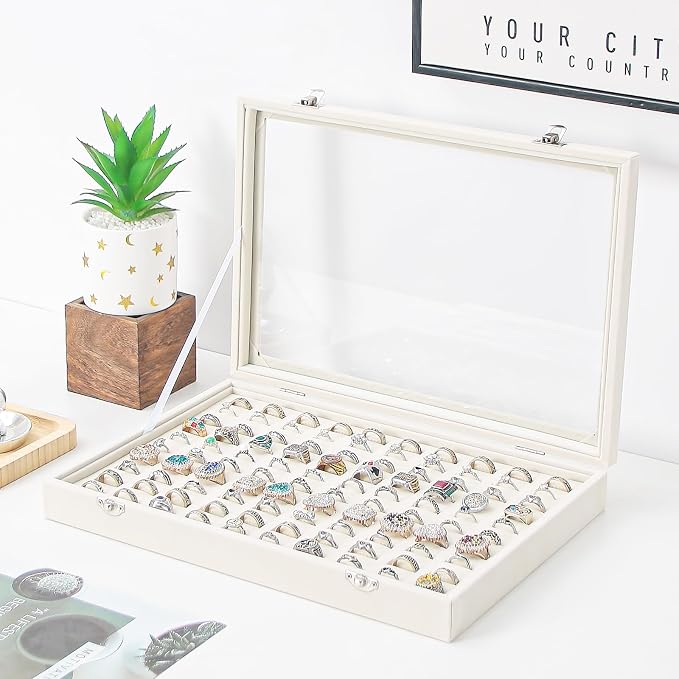 Coward Ring Organizer Jewelry Box, Beige Velvet 100 Slots Ring Display Tray Case with Transparent Glass Lid for Home Use or Store Selling Show - Image 3