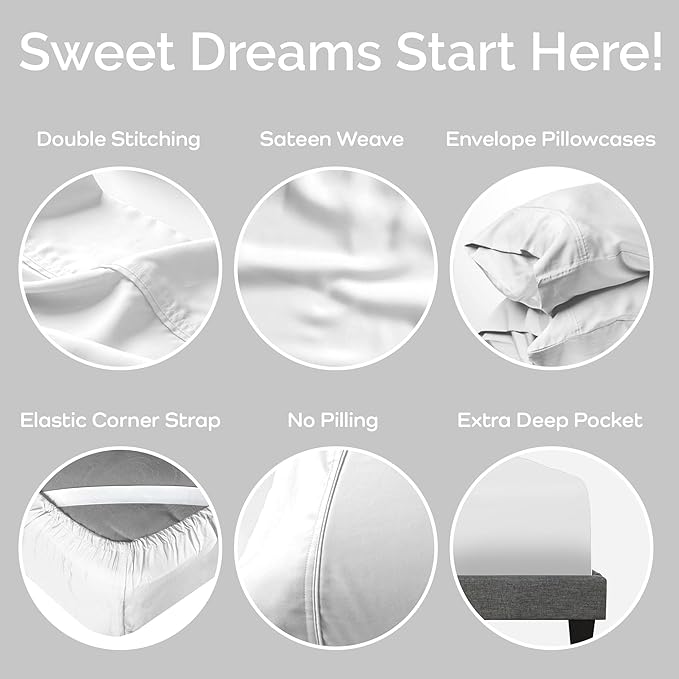 Viscose Bamboo Sheets Queen Size 4PC Set - Cooling Bedding for Hot Sleepers with Moisture Wicking Technology - Silky Soft 18 Inch Deep Pocket - White 60"x 80"