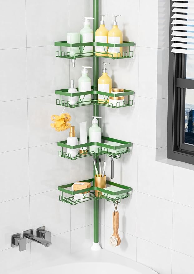 KEGII Shower Caddy Tension Pole, 4-Tier Rustproof Adjustable Corner Bathroom Organizer for Renters, 25–114.2 Inch No Drill Space-Saving Shower Storage Rack, Emerald Green by KEGII
