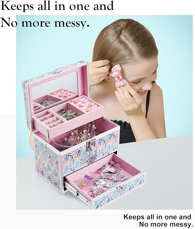Hododou Girls Jewelry Box Organizer with Drawer & Mirror, Mermaid Tail Style Lockable Storage Case for Kid or Little Girls Jewelry and Hair Accessories - Image 2