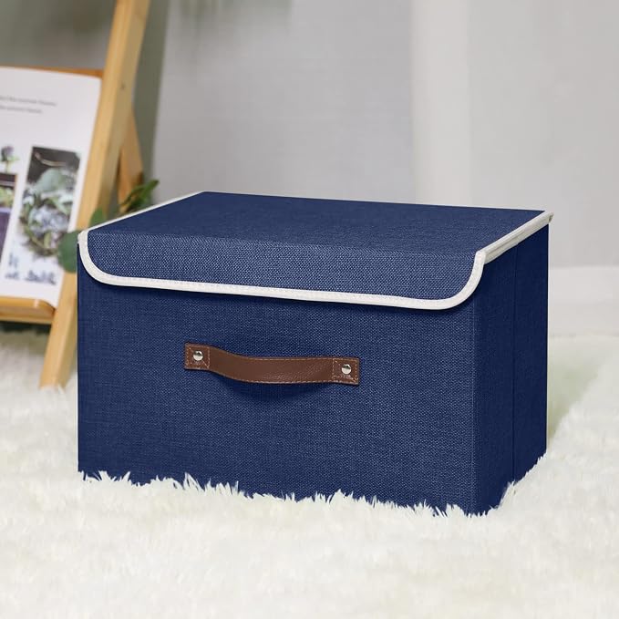 ANMINY Storage Bin with Lid Storage Boxes with PU Leather Handles PP Plastic Board Decorative Foldable Lidded Cotton Linen Fabric Home Cubes Baskets Closet Organizer Container - Blue, Large Size - Image 6