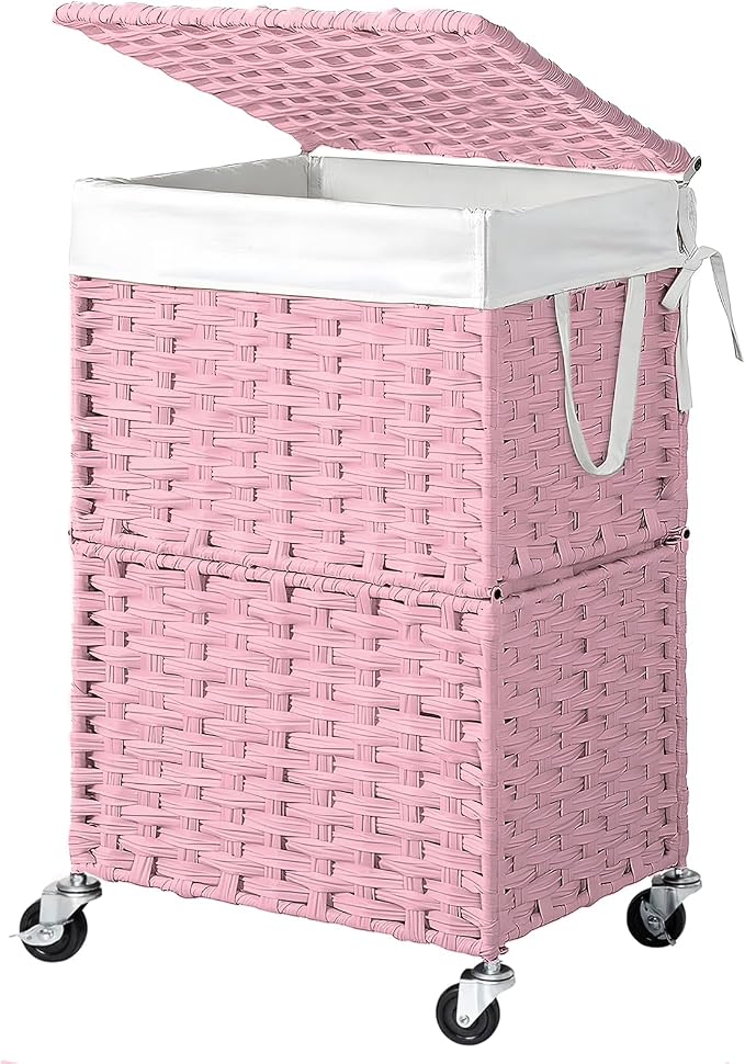 Chrislley 90L Slim Laundry Hamper with Wheels, Rolling Laundry Basket with Lid and Renovable Liner Bag, Handwoven Rattan Organizer for bedroom, bathroom, laundry room (Pink) by Chrislley