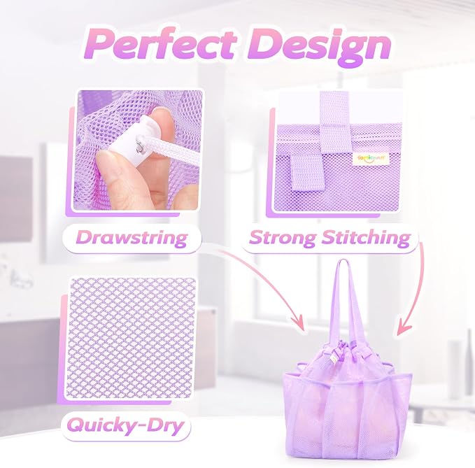 famichan Mesh Shower Caddy Portable with Drawstring, Dorm Room Essentials for College Students Girl & Boy, Larger Shower Bag for Camping,Swimming,Gym,Travel,Bathroom - Purple - Image 2