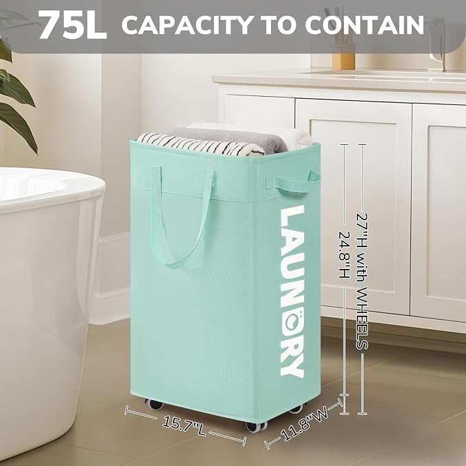Goodpick Rolling Laundry Basket with Wheels,75L Large Collapsible Laundry Hamper with Removable Wash Bag Space for living room, Blue - Image 3
