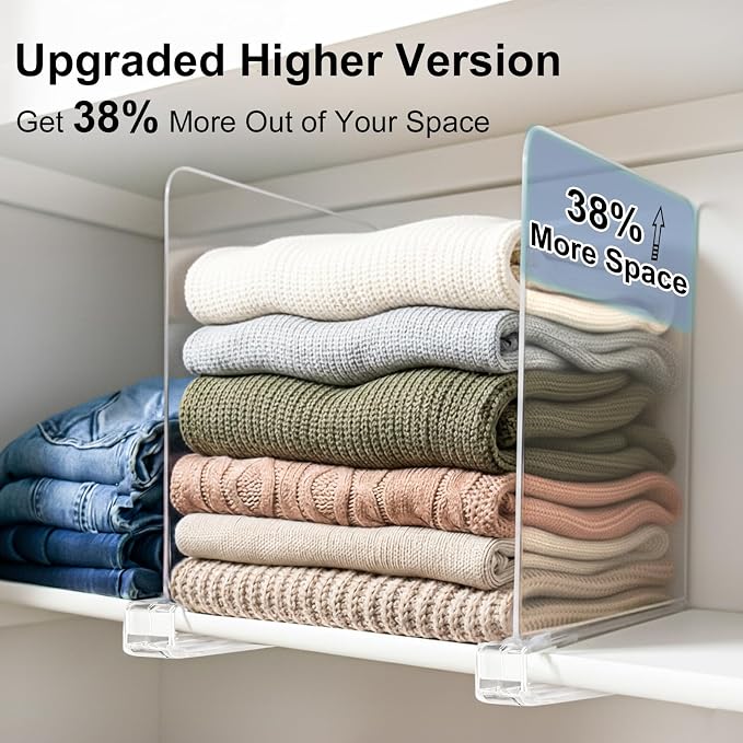 SortNStore Shelf Dividers Purse Organizer for Closet: 11-inch Tall(Extra Tall) Acrylic Sweater Organizer - Upgraded Extra Height for Large Handbags, Totes, Clothes, Towels on Wood Shelves 6-Pack - Image 2