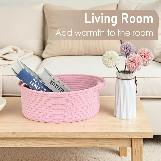 JMvicyroam Woven Basket,Small Rope Storage Bin with Handles & Ribbon Bag, Organizer for Shelves Closets,Gift Basket Empty for Birthday,Books,Dog Toys, Pink - Image 7