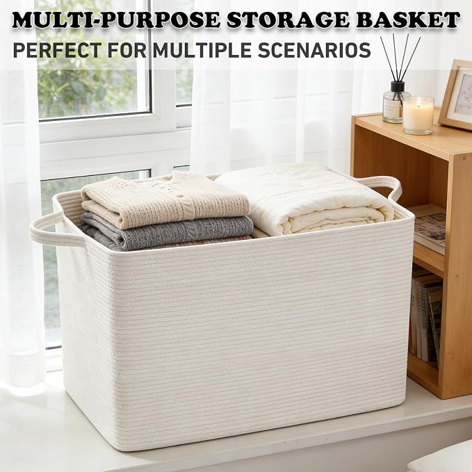 Large Blanket Basket,Woven Rope Basket Storage Bin with Handles,65L Rectangle Laundry Basket for Magazines,Toys,Clothes,Newspaper Shelf Organization,Nursery and Living Room,White - Image 6