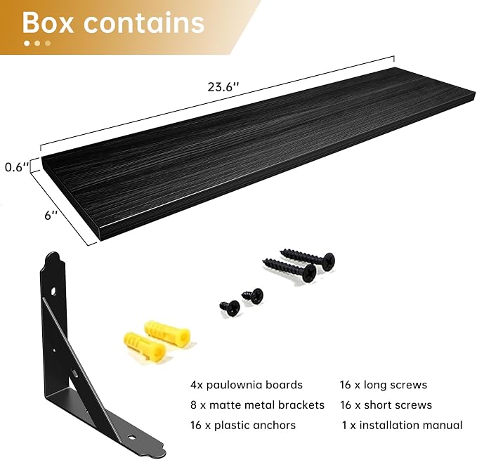 ROMGUAR CRAFT Wood Floating Shelves Set of 4, Rustic Storage Decor Wall Shelves, Wall Mounted Shelf for Living Room, Bedroom 23.6" x 6", Black - Image 3