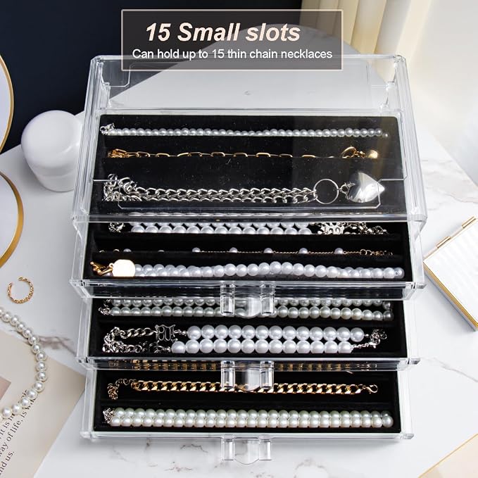 YUFONG Necklace Holder Organizer, Dustproof Necklace Box Velvet Necklace Organizer Box with Lid Clear Acrylic Dustproof Stackable Jewelry Displays for Necklaces Chain Display (Black, 3 Drawer) - Image 5