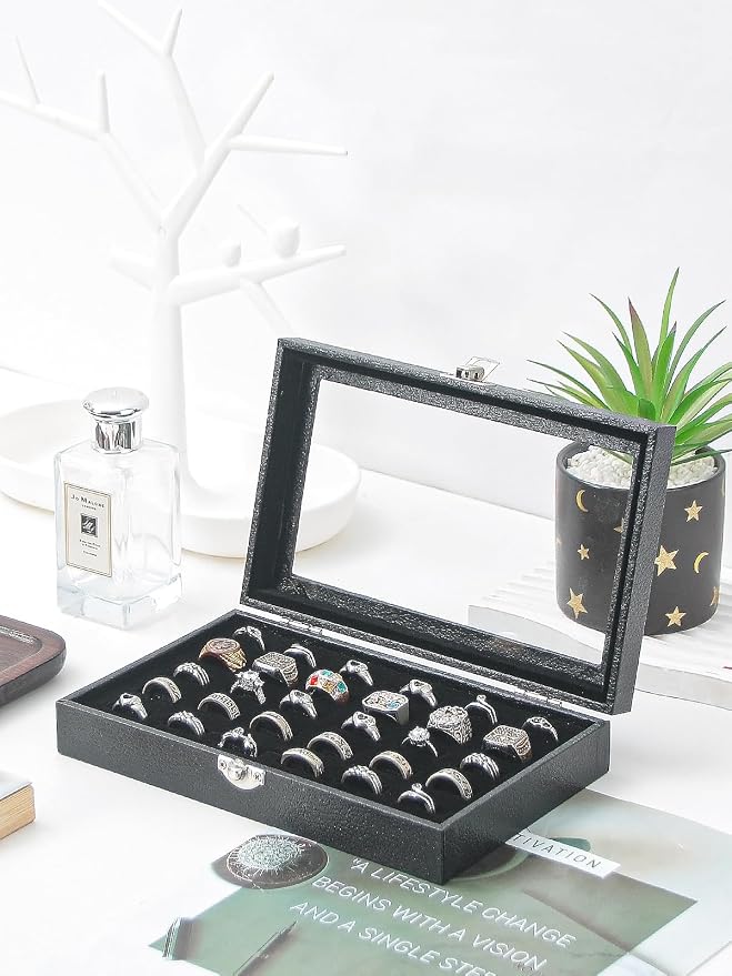 Ring Holder Organizer Box,Jewelry Ring Display Case, Earring Necklace Storage Tray With Top Glass Lid (Black, 30 Slots Ring) - Image 2