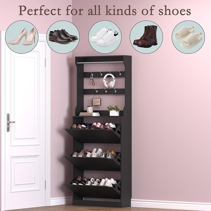 BORNOON Shoe Cabinet with 3 Flip Drawers & Coat Rack, Narrow Hidden Shoe Storage Cabinet, 2-in-1 Hall Tree Slim Freestanding Shoe Rack Organizer for Entryway, Hallway, and Living Room - Image 4