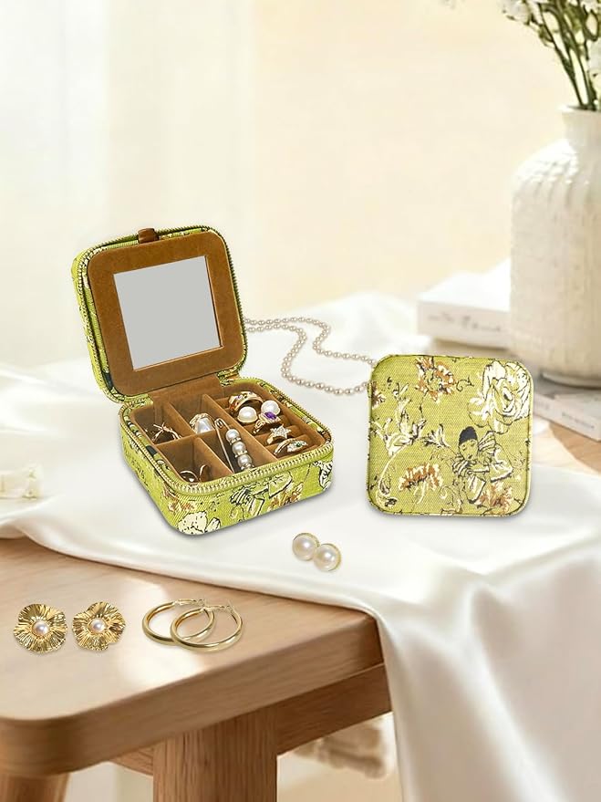 Small Travel Jewelry Box for Women - Mini Personalized Jewellery Organizer with Mirror|Cute Portable Jewelry Case Necklace Earring Ring Compact Storage Holder Birthday Gifts for Mom Bridesmaid (Green) - Image 5