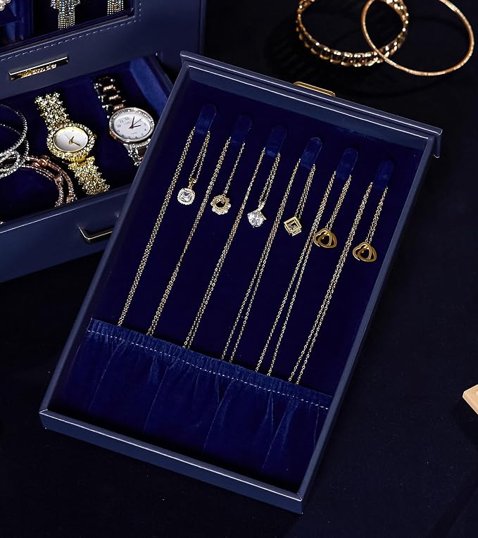 Homde Jewelry Organizer with Transparent Window Necklace Hooks Gift for Women Jewelry Box Display Case for Necklaces Rings Earrings Bracelets and Other Accessories (Dark Blue) - Image 9