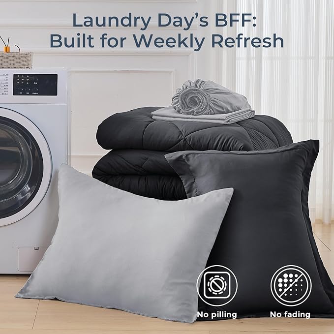 HEVUMYI Twin-XL Comforter Set - 5-Piece All Season Bed in a Bag Twin-XL, Ultra Soft Bedding Set with Comforter, Flat Sheet, Fitted Sheet, Pillowcases, Pillow Shams, Dark Grey & Light Grey