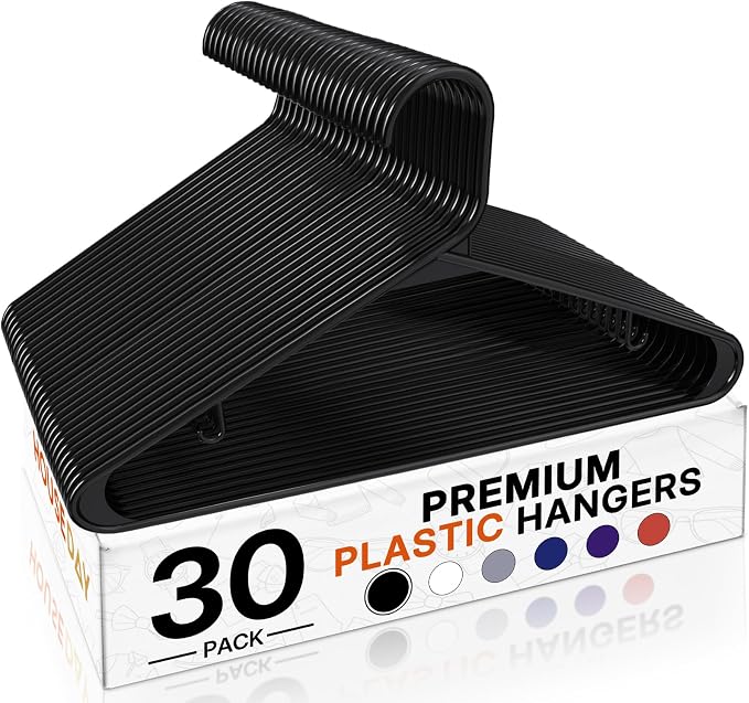 HOUSE DAY Black Plastic Hangers 30 Pack, Plastic Clothes Hangers with Built-in Strap Hooks, Space Saving Slim Hanger for Closet Organizers and Storage, Durable Clothing Hanger for Shirts Blouses Tops by HOUSEDAY