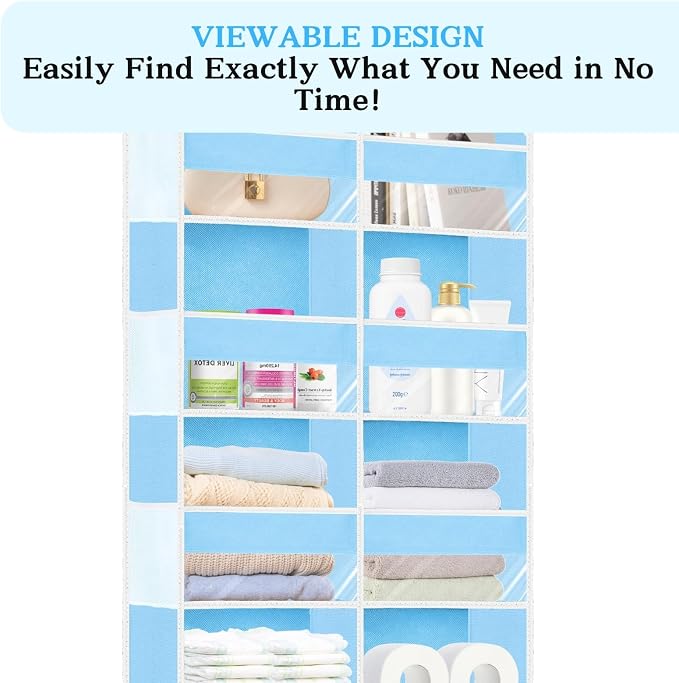 Over The Door Organizer 6 Tiers, Extra Large Behind Door Storage of 12 Compartments, 80 lbs Weight Capacity Hanging Storage Organizer with Clear Window Kids Toys,Shoes,Diapers,Room Storage,Blue - Image 4