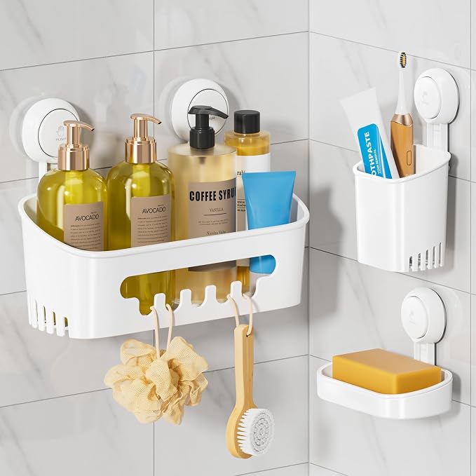 LEVERLOC Shower Caddy Suction Cup Set Shower Organizer & Soap Holder & Toothbrush Holder, Bathroom Shelf Basket NO-Drilling, Removable Suction Storage Waterproof Bathroom Caddy, White by LEVERLOC