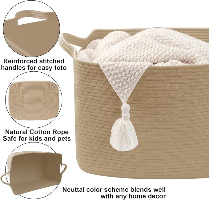 Large Blanket Basket,Woven Rope Basket Storage Bin with Handles,65L Rectangle Laundry Basket for Magazines,Toys,Clothes,Newspaper Shelf Organization,Nursery and Living Room,Jute - Image 3