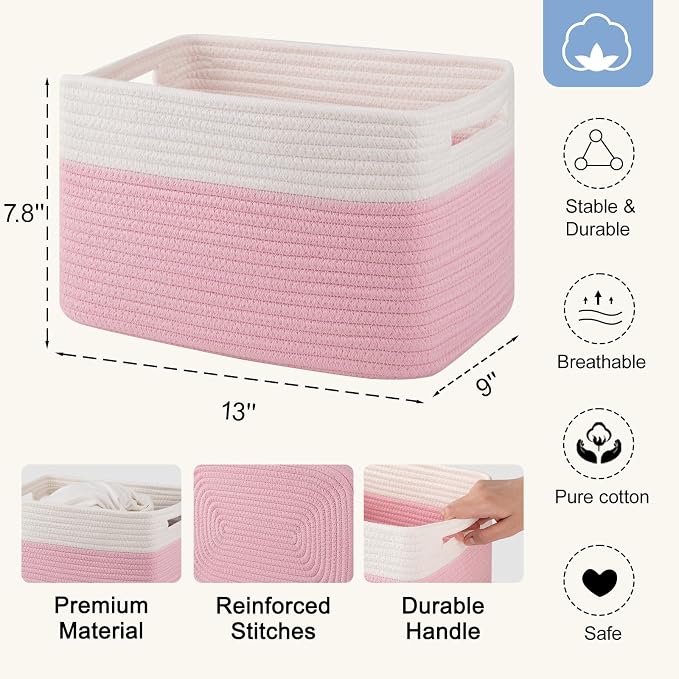 4 Pack Storage Baskets for Organizing, Woven Baskets for Shelves - Perfect for Toys, Books, Towels, and Clothes, Durable Gift Basket Bins Toy Storage, 12.7''Lx9''Wx7.8''H, Pink & White - Image 2