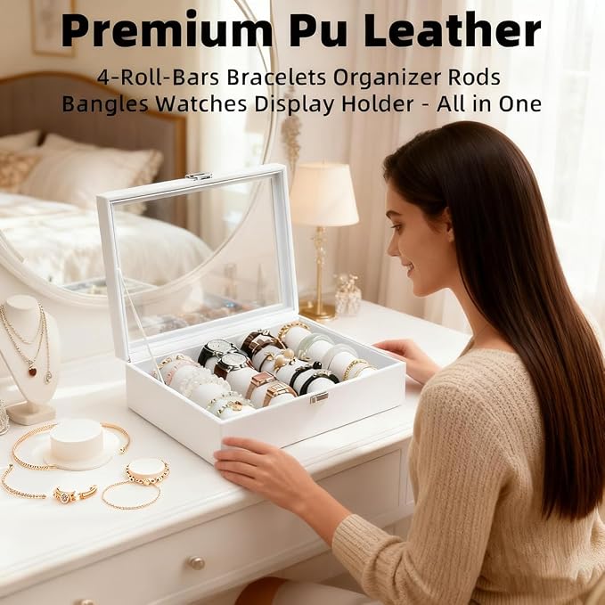 Bracelets Organizer Rods Bangles Display Holder, Clear See through Lid Leather Velvet Jewelry Storage Box Case for Women, 4 Rods White Leather - Image 5