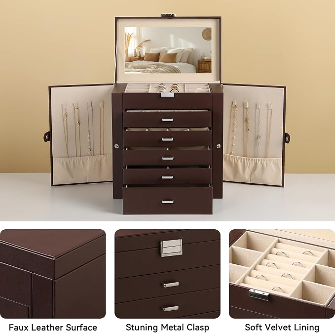 Frebeauty Large Jewelry Box,6-Tier PU Leather Jewelry Organizer,Multi-functional Storage Case with Mirror,Accessories Holder with 5 Drawers for Necklace Bracelets Watches(Dark Brown) - Image 4