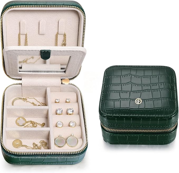 S.Leaf Travel Jewelry Organizer Boxes for Women Small Portable Necklace Earrings Bracelet Rings Travel Case Best Friend Birthday Gifts for Women Trendy (09_Pattern_Crocodile_Emerald_01) by SLeaf