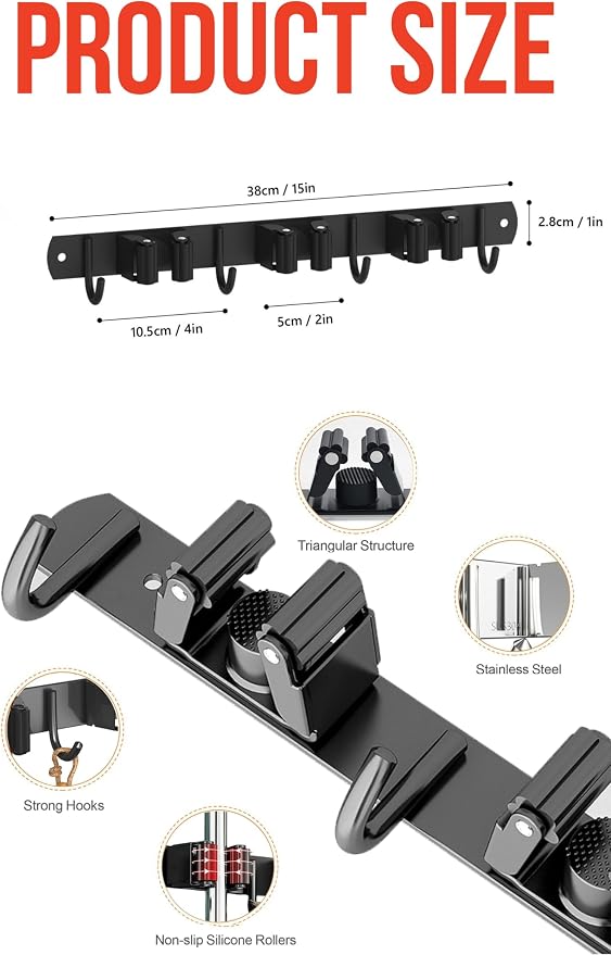 2 Pack Mop and Broom Holder Wall Mount, Upgraded Broom Hanger Wall Mount, Stainless Steel Broom Organizer for Closet Garage Laundry Room Kitchen Wall Decor Black 3R4H - Image 2