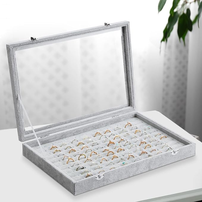 Yinkin 2 Pcs 100 Slots Ring Organizer Box with Transparent Glass Lid Necklace Display Tray Ring Case Velvet Jewelry Holder (Gray) - Image 6