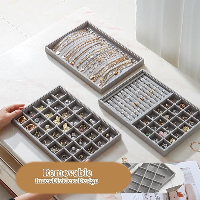 Large Velvet Jewelry Tray 2 Pack Stackable Jewelry Display Drawer Inserts Trays Organizer for Earring Bracelet Necklace Ring (Gray, 35 Grids) - Image 5