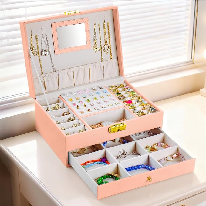 coobest Jewelry Box, 2 Layer Jewelry Organizer with Velvet Earring Organizer, Jewelry Holder Organizer Travel, White Jewelry Boxes for Women, Jewelry Boxes & Organizers for Girls, pink - Image 2