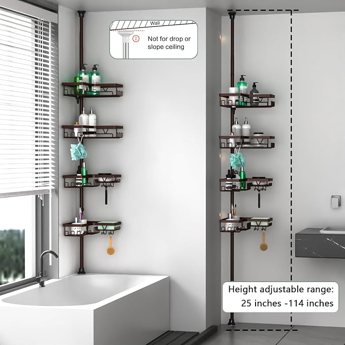 DAOYA Corner Shower Caddy Tension Pole - Adjustable 4-Tier Shower Shelf Stainless Steel Corner Tension Rod Bathroom Organizer Shampoo Holder with Soap Holders & Hooks for Bath, Tub, Floor Space Saving - Image 6
