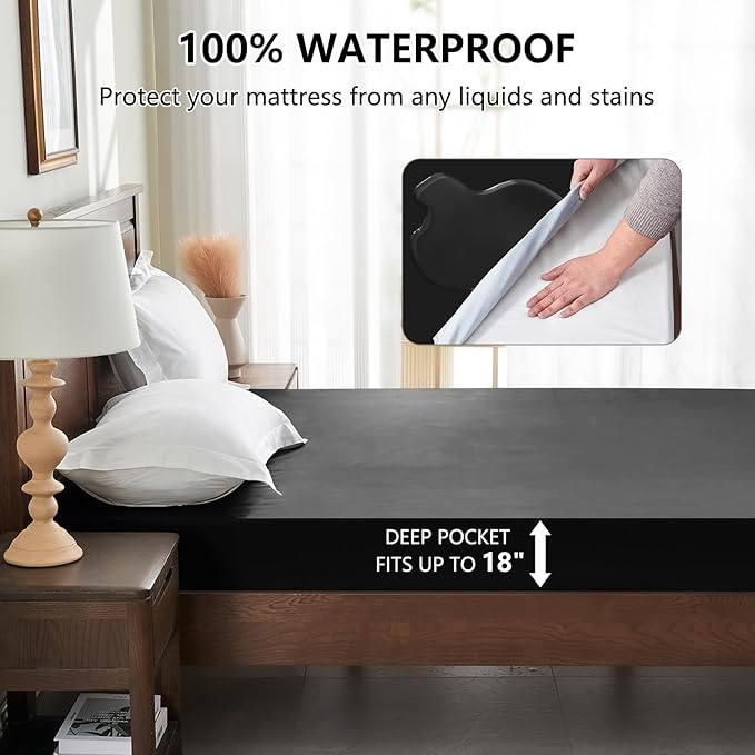 Full Mattress Protector Waterproof, Breathable Noiseless Bed Cover with Deep Pocket 6"-18", Machine Washable Mattress Cover Full for Bedroom, College Dorm, Hotel (Black, 54'' X 76'')