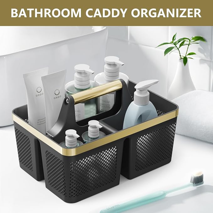 BYUNER Shower Caddy Dorm Men: Plastic Bathroom Caddy Organizer with Handle and Holes, Bath Caddy for College Dorm, Portable Shower Basket Tote for Toiletry, Travel, GYM, Camp Essentials Black/Gold - Image 8