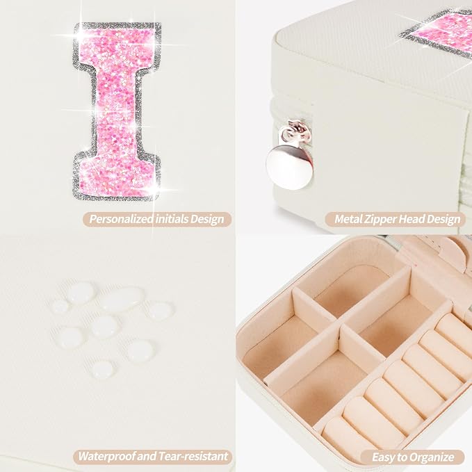 Uygafly Personalized Jewelry Case for Women Girls - Fashion Mini Jewelry Boxes - Trendy Travel Jewelry Organizer with Initials Letter - Teen Gifts | Cream,I - Image 4