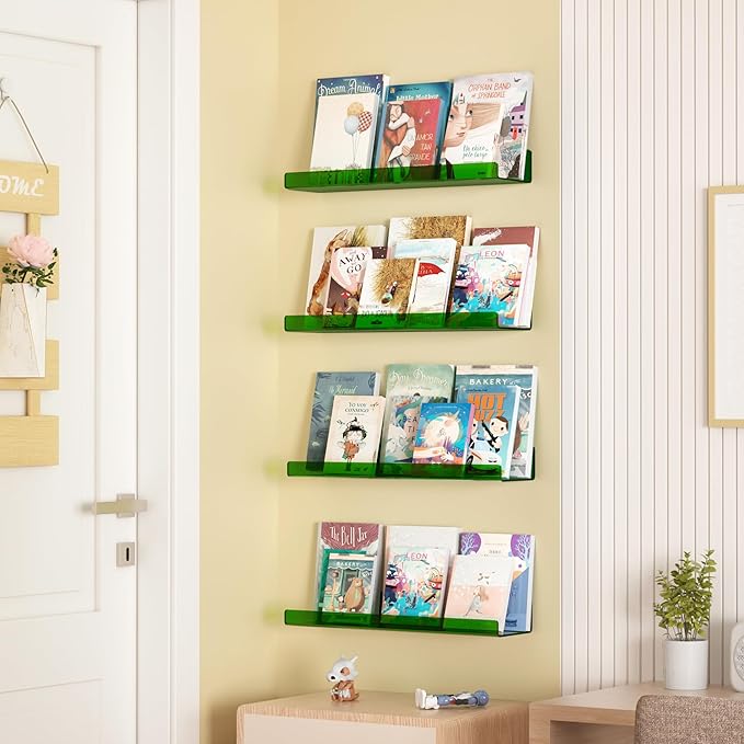 upsimples Acrylic Shelves for Wall Decor, 15" Display Shelf Perfume Organizer for Bathroom, Bedroom, Living Room, Floating Bookshelves for Kids, Clear Green, 4 Pack - Image 4