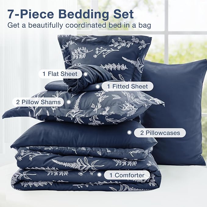 MUXHOMO Navy Blue Cal King Comforter Set, Elegant Floral Print Bed in a Bag 7 Pieces, Ultra Soft & Breathable Reversible Botanical Pattern Bedding Set with Comforter, Sheets, Pillowcases, and Shams