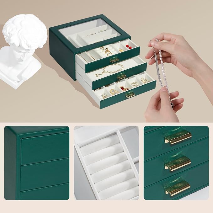 Jewelry Box Organizer with 3 Drawers,Glass Lid Jewelry Boxes for Women,Jewelry Storage for Rings,Necklaces,Earrings,Bracelets,Interesting Gift,Green - Image 5